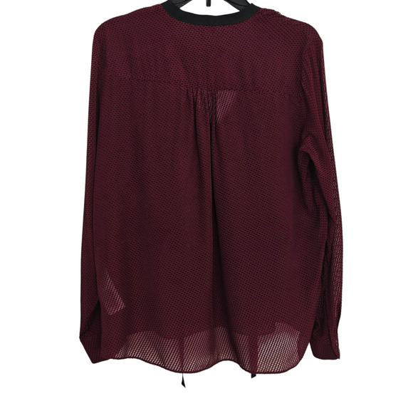 Reiss Swiss Dot Ruffle V-Neck Top Size 6 Berry Silk Blend Tie Neck Long Sleeves - Picture 7 of 9